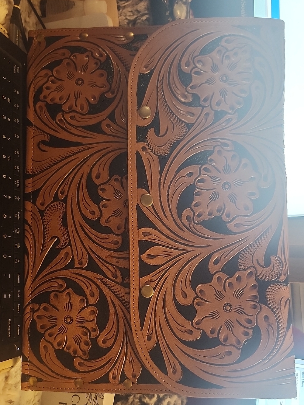 Tooled Floral Leather Laptop Sleeve - Brown & Black